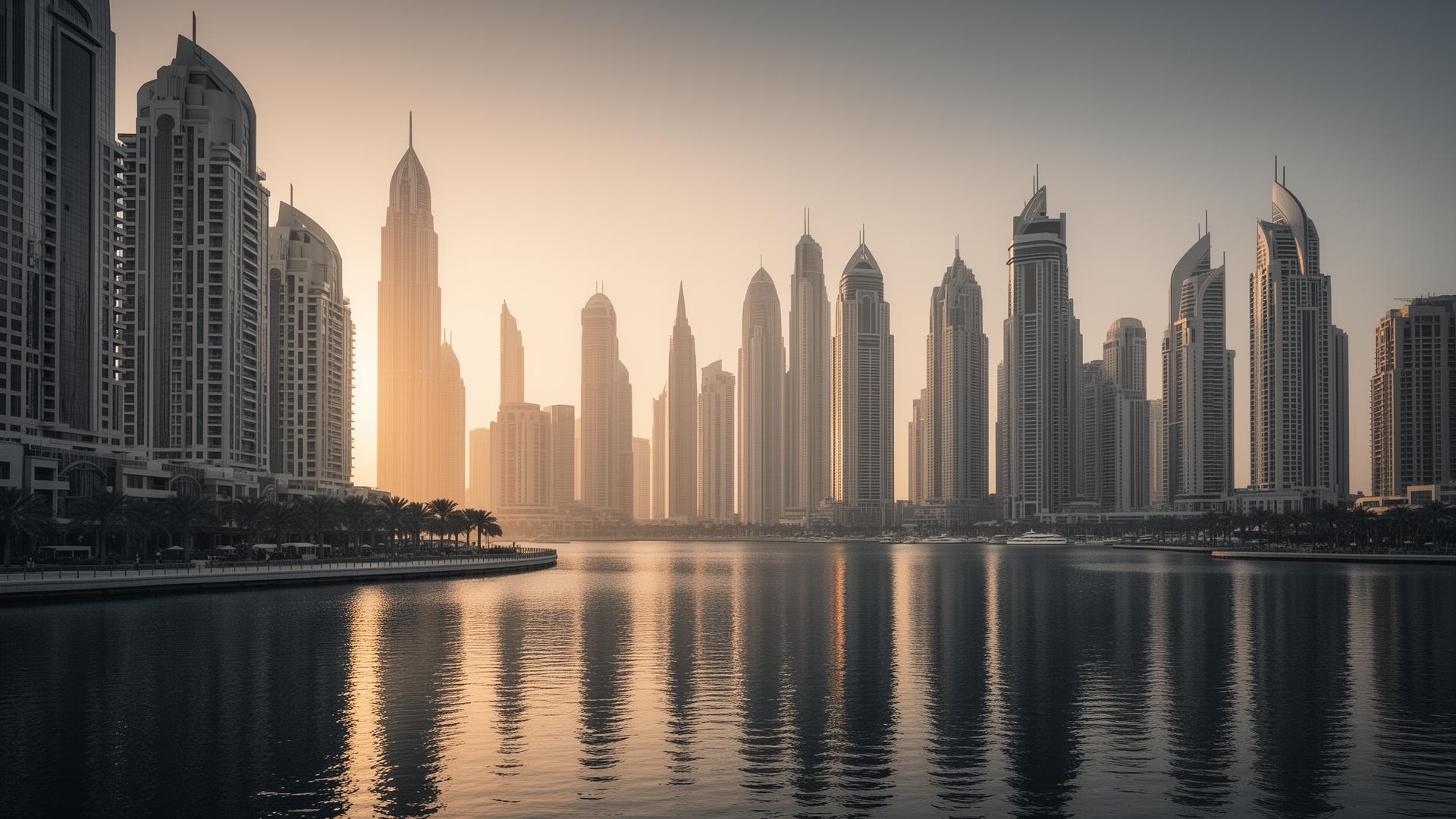 Dubai Marina skyline at golden hour